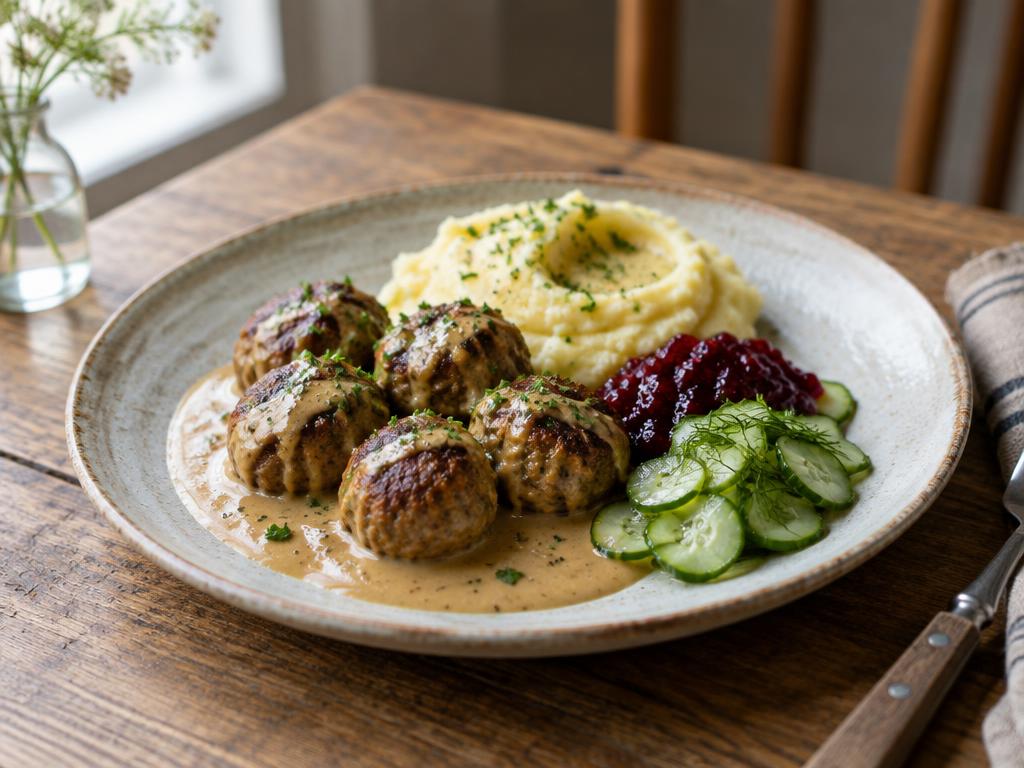 Husets köttbullar med gräddsås, lingon och potatispuré