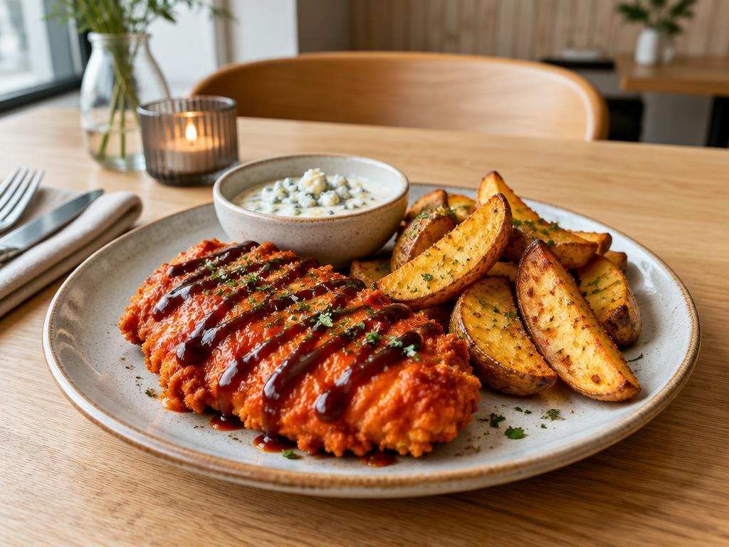 Kycklingfilé Buffalo med BBQ-sås, blue cheese dip och klyftpotatis