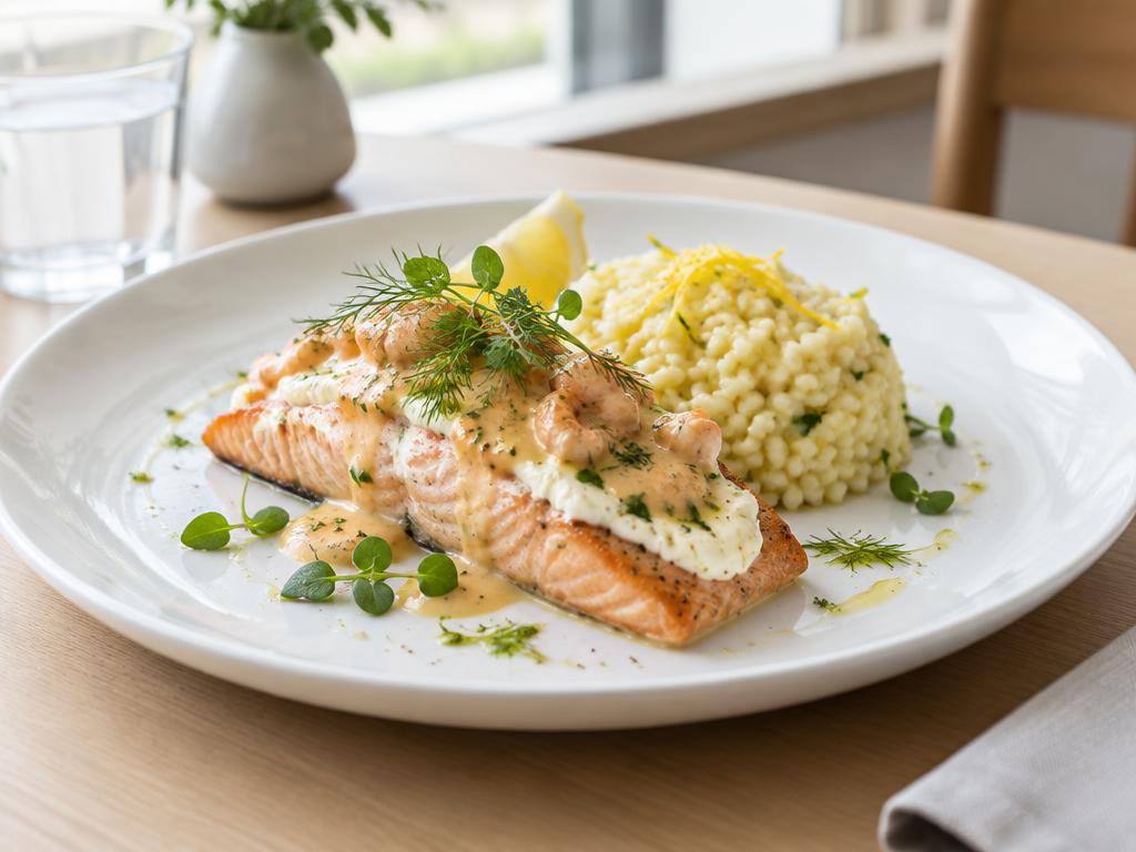 Philadelphiaost-bakad laxfilé med skaldjurssås och citronrisotto